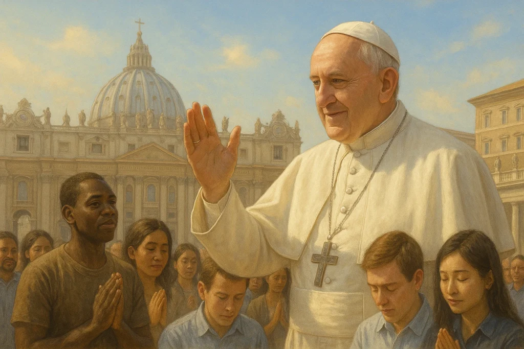 Paus Fransiskus memberkati umat di Lapangan Santo Petrus dengan latar belakang Basilika Santo Petrus